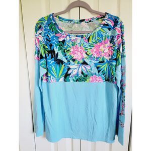 Lilly Pulitzer L Finn Top Long Sleeve Seasalt Blue Fruity Flamingo‎ Size Lg NEW